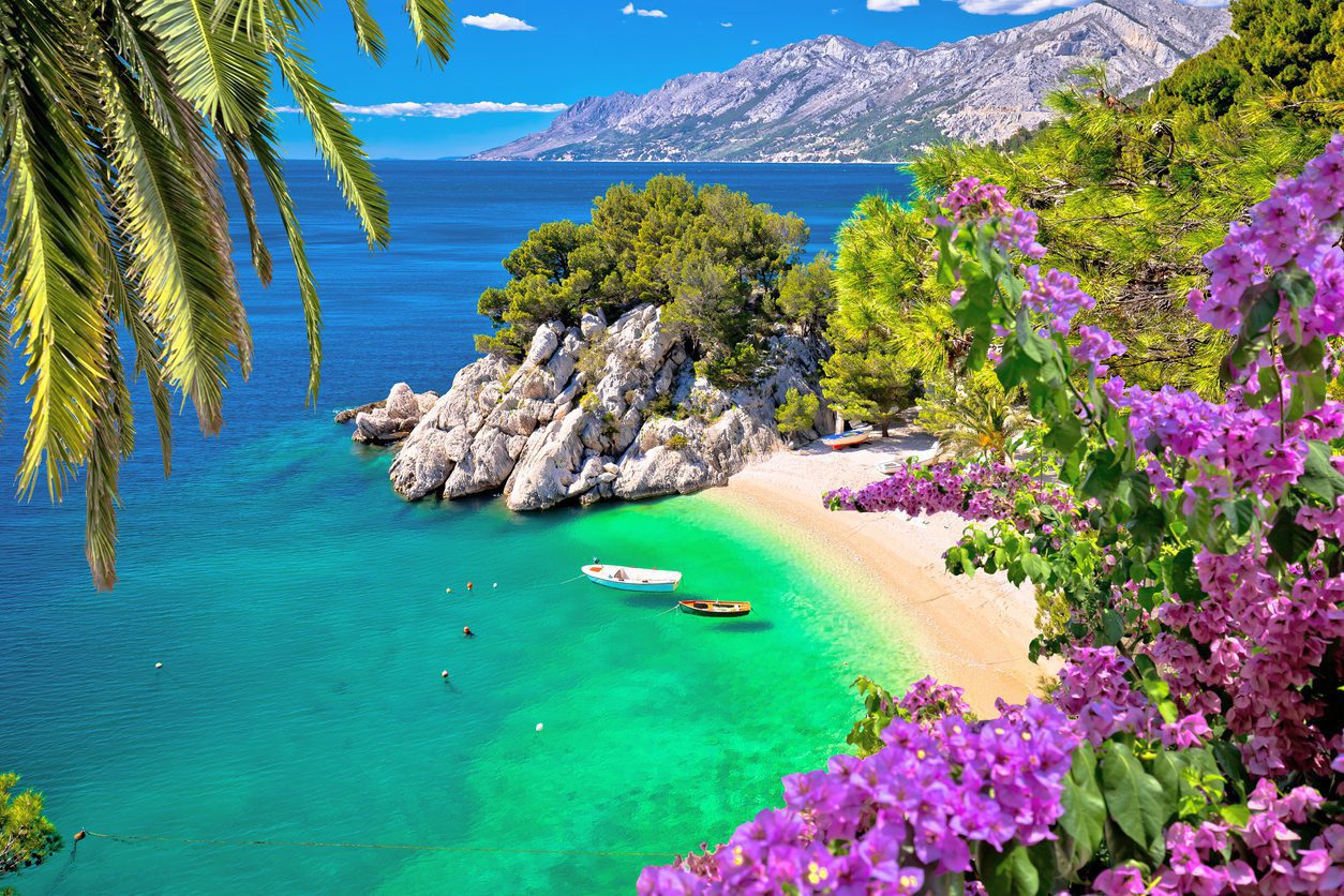 Idyllic beach Punta Rata in Brela aerial view Idyllic beach Punta Rata in Brela aerial view, Makarska riviera of Dalmatia, Croatia Croatia Stock Photo