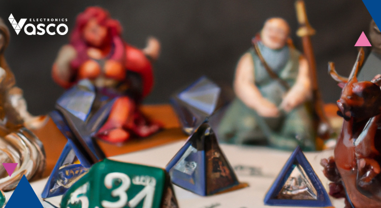 Kostki rozrzucone na planszy na tle figur fantasy.