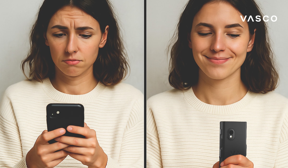 Kobieta porównuje frustrację związaną ze standardową aplikacją do tłumaczeń w telefonie i satysfakcję z korzystania z urządzenia Vasco Translator.