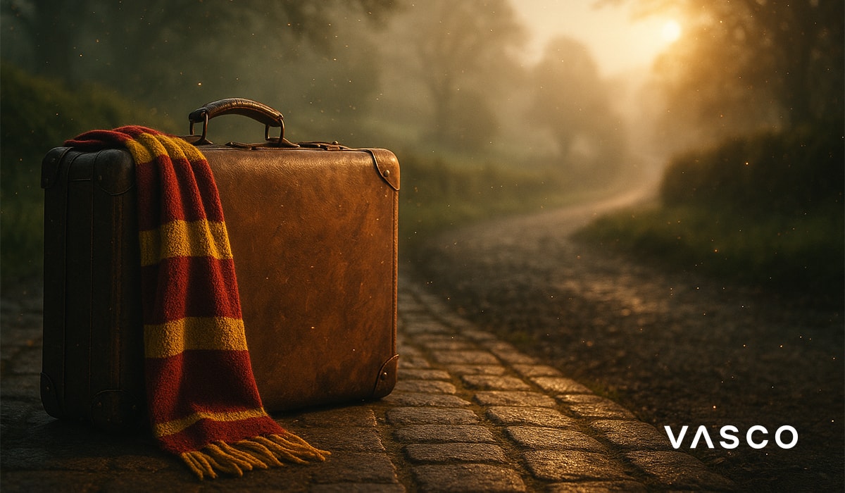 Stara walizka z szalikiem w barwach Gryffindoru na brukowanej drodze o wschodzie słońca