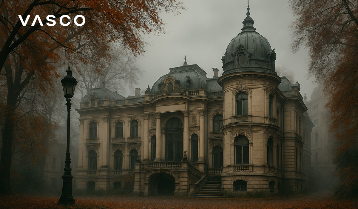 Tajemnicza stara rezydencja otoczona mgłą i jesiennymi drzewami.