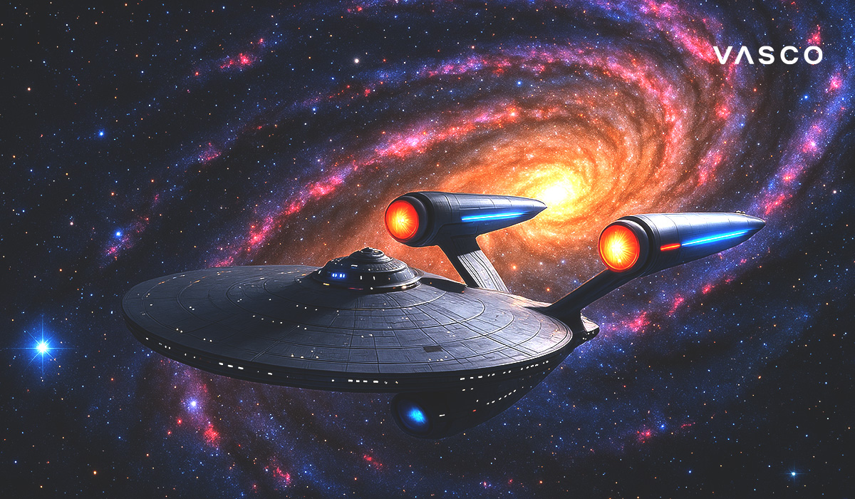 Statek kosmiczny na tle świecącej galaktyki