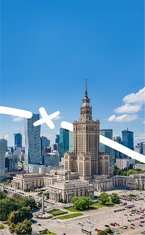 Widok na Pałac Kultury i Nauki w Warszawie, jeden z najbardziej charakterystycznych symboli miasta.
