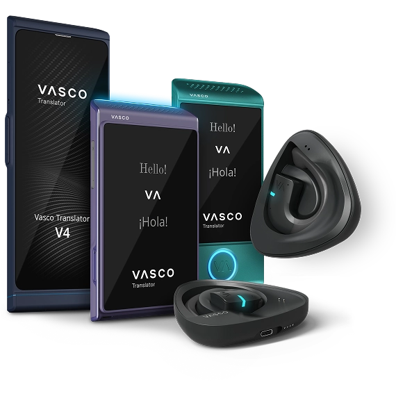 Widok z boku na urządzenia Vasco: Vasco Translator V4, Q1, M4 oraz E1 wyświetlone obok siebie.