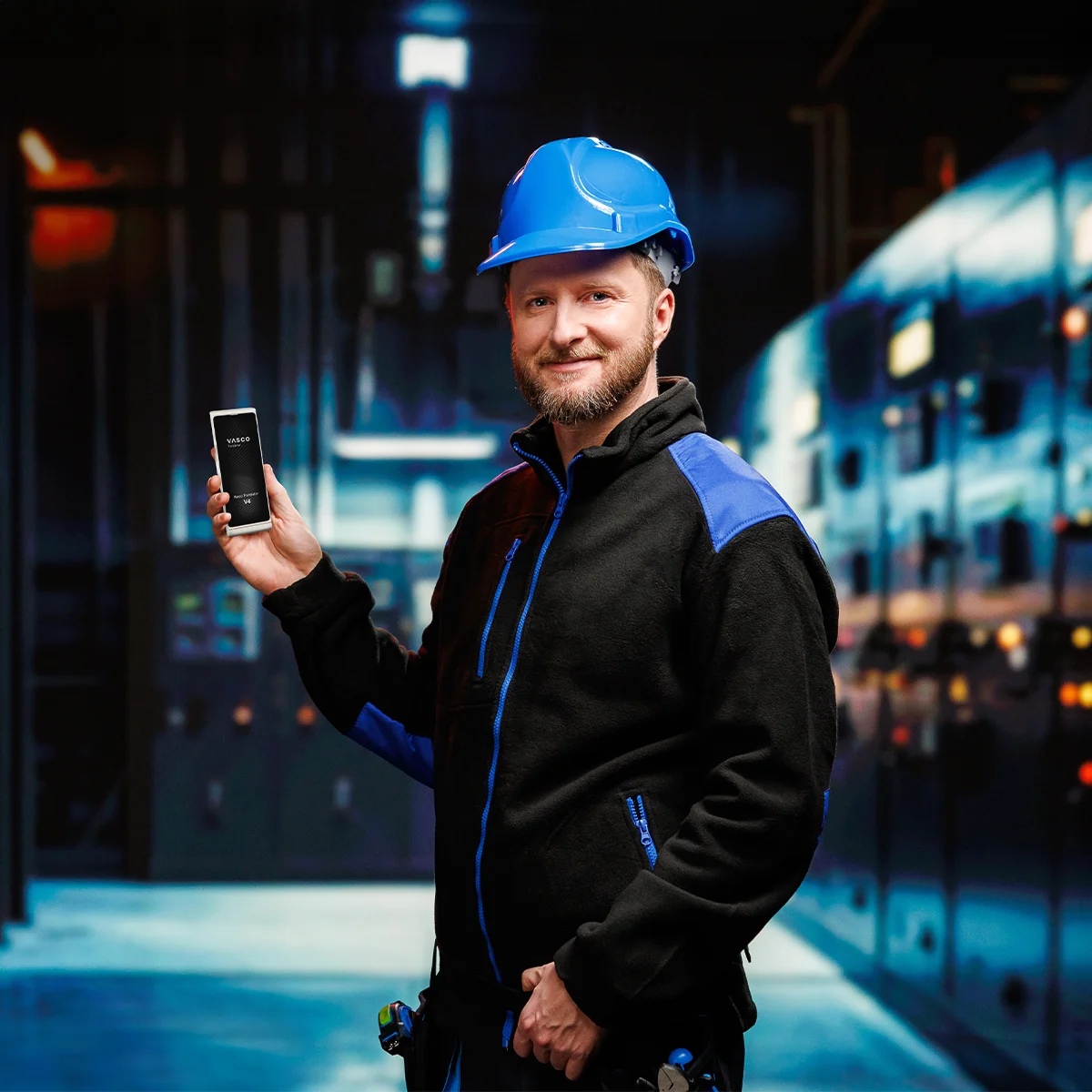 Uśmiechnięty mężczyzna w stroju roboczym, w niebieskim kasku, trzymający urządzenie Vasco Translator V4, a w tle widać różne maszyny.