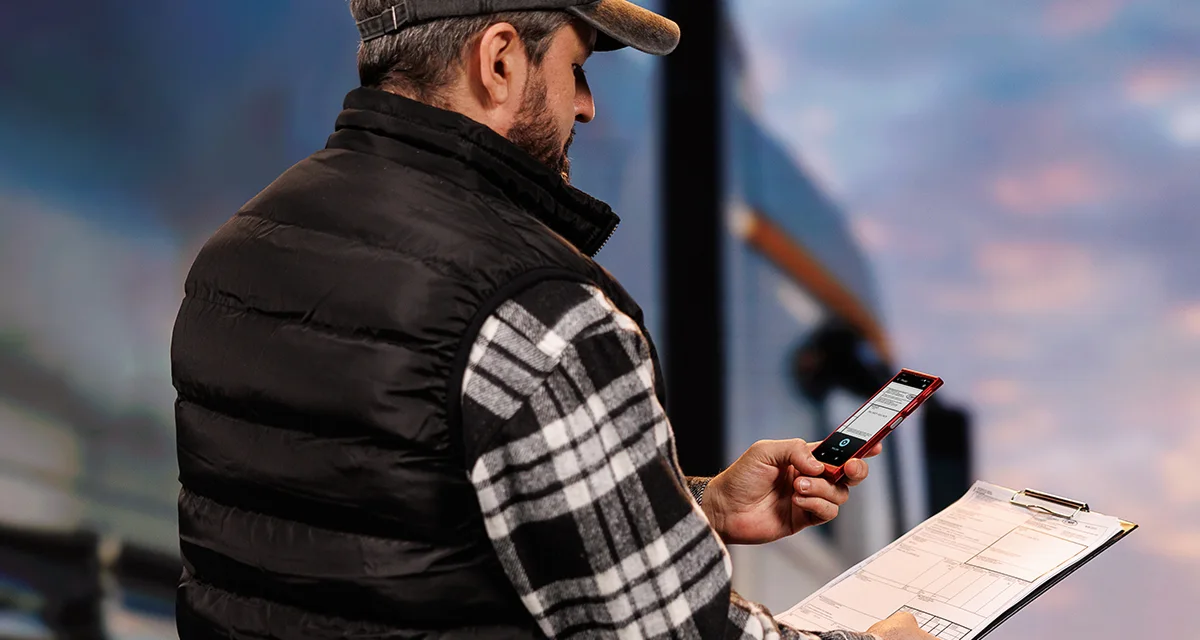 Kierowca ciężarówki stoi przed ciężarówką, trzymając dokumenty w jednej ręce i Vasco Translator V4 w drugiej. Na ekranie urządzenia wyświetla się funkcja tłumaczenia zdjęć.