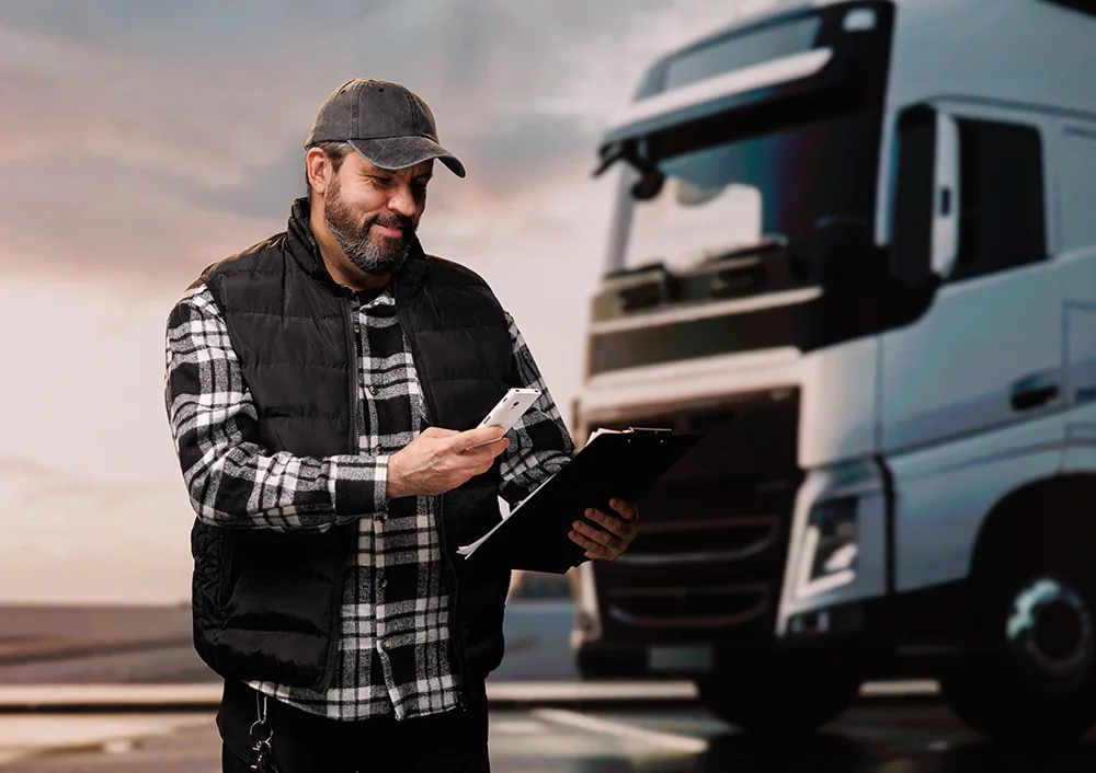 Mężczyzna w ubraniu roboczym i niebieskim kasku, uśmiechnięty, trzymający w ręku urządzenie Vasco Translator V4, a za nim widać różne maszyny.