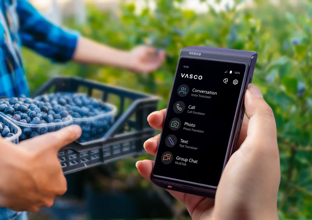 Na pierwszym planie widoczny jest Vasco Translator Q1, a w tle krzewy borówki amerykańskiej oraz osoba trzymająca skrzynkę ze zebranymi jagodami.